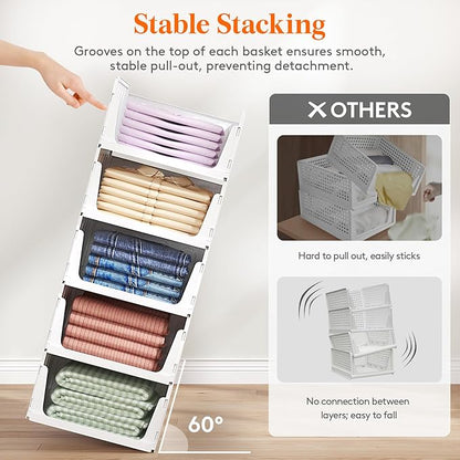 Lifewit 6 Pack Stackable Closet Organizers and Storage Basket for Clothes, Plastic Storage Bins for Wardrobe, Multifunctional Drawer Organizer for Bathroom, Kitchen, Laundry Room, Office, Dorm, White
