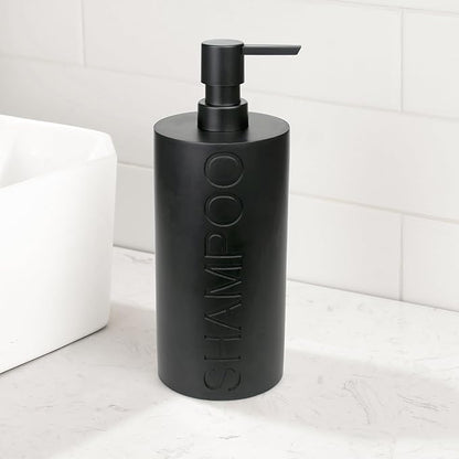 Indecor Home Matte Black Shampoo Dispenser Modern Refillable Pump Bottle with Embossed Text, Durable Resin Construction for Bathroom and Kitchen