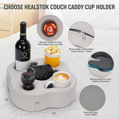 Couch Cup Holder Pillow, Sofa Organizer Caddy Bed Refreshment Tray for Drinks, Remotes, Phones, Snacks (PUGrey)