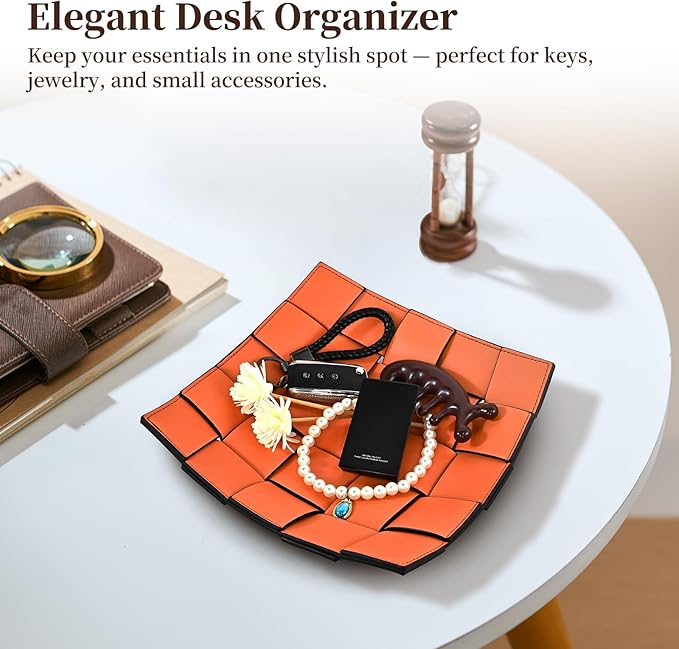 MSJGA Valet Tray PU Leather Key Holder Bowl for Women and Men Entryway Table Nightstand Desk Tray for Wallet, Keys Men's Gift - Orange & Black, 9.8" L x 9.8" W x 2" H