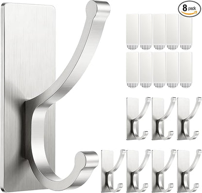 pickpiff Adhesive Wall Hooks with Strip - No Residue, Easy to Remove, Strong Heavy Duty Sticky Towel Hook, 8 Pack Silver