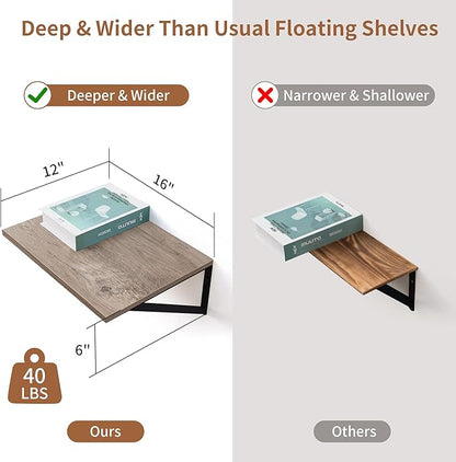 Axeman Deep Floating Shelves for Wall, 12 Inch Deep Floating Shelves Set of 2, 16W x 12D Rustic Grey Wood Large Wall Mounted Shelves for Living Room Kitchen Bathroom Bedroom - Grey