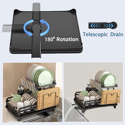 HOISIMDY 2 Tier Dish Drying Rack Automatic Drainage Board Space-Saving for Kitchen Counter with Cups Holder