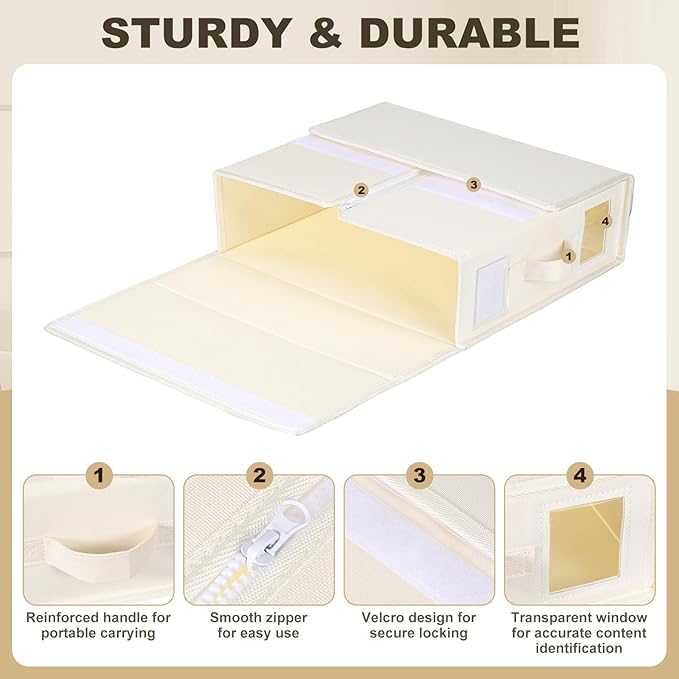 uxcell 4 Pack Bed Sheet Organizers and Storage with Handle, Foldable Bedding Duvet Cover Set Organizer Storage Closet and Under Bed Storage Containers, Beige
