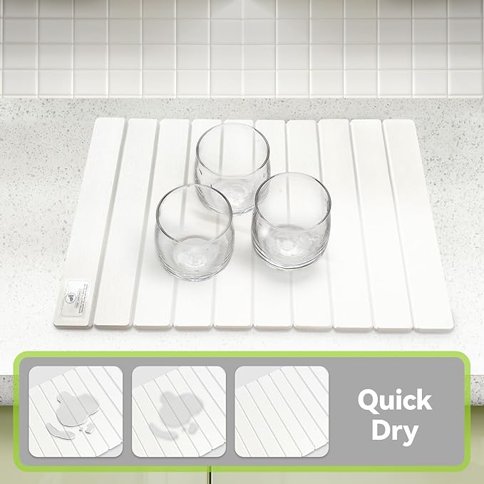 Large Stone Dish Drying Mats for Kitchen Counter - 24"(L)×16"(W) Quick Dry Collapsible Dish Drying Mat for Dishes Bottles Cups, Eco-friendly Diatomaceous Earth Absorbent Mat for Any Countertop White