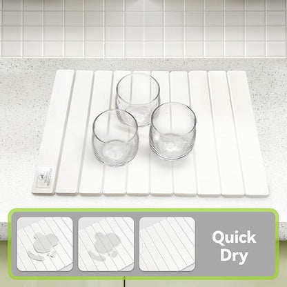 Large Stone Dish Drying Mats for Kitchen Counter - 24"(L)×16"(W) Quick Dry Collapsible Dish Drying Mat for Dishes Bottles Cups, Eco-friendly Diatomaceous Earth Absorbent Mat for Any Countertop White