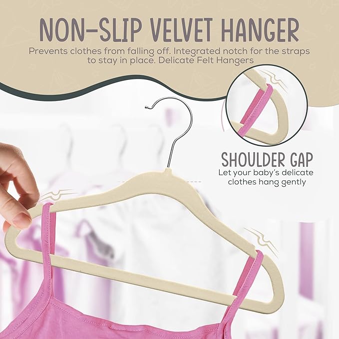 TechZoo 50 Premium Baby Velvet Hangers - 11.8" Non-Slip, Ultra-Slim Space-Saving Children Closet Hangers - 360° Swivel Hook, Strong & Durable Infant & Toddler Clothes Hangers for Wardrobe - Ivory
