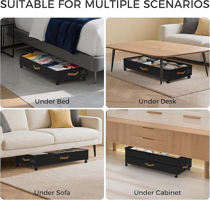 BETBEM Under Bed Storage with Wheels 2-Pack, 75L XXL Under the Bed Storage Containers Large, 12" Tall Adjustable Storage for Underbed with Lids, Rolling for Shoes, Clothes, Blankets (Black)