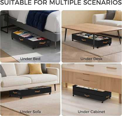 BETBEM Under Bed Storage with Wheels 2-Pack, 75L XXL Under the Bed Storage Containers Large, 12" Tall Adjustable Storage for Underbed with Lids, Rolling for Shoes, Clothes, Blankets (Black)