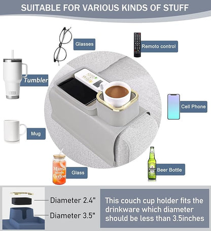 HMASYO Couch Cup Holder Tray - Silicone Sofa Armrest Table Couch Drink Holder and Tray Organizer for Remote Snacks Cellphone, Anti-Spill Anti-Slip Design, Mother`s Day Gifts for Mom Grandma