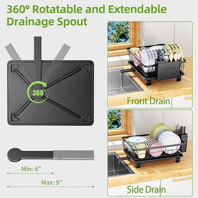 DMTXCRP Dish Drying Rack with Drainboard for Kitchen Counter, Large Capacity Durable Rustproof Stainless Steel Dish Drainer Rack with Removable Flatware Caddy -Black