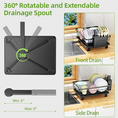 DMTXCRP Dish Drying Rack with Drainboard for Kitchen Counter, Large Capacity Durable Rustproof Stainless Steel Dish Drainer Rack with Removable Flatware Caddy -Black