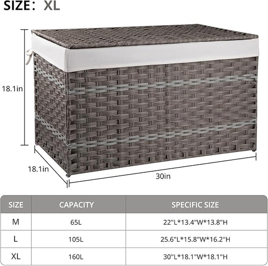 OIAHOMY Storage Basket with Lid, 42.3 Gallon (160L) Blanket Basket with Removable Liner Bag, Synthetic Wicker Hamper with Handle, Foldable, Hamper for Living Room, Grey