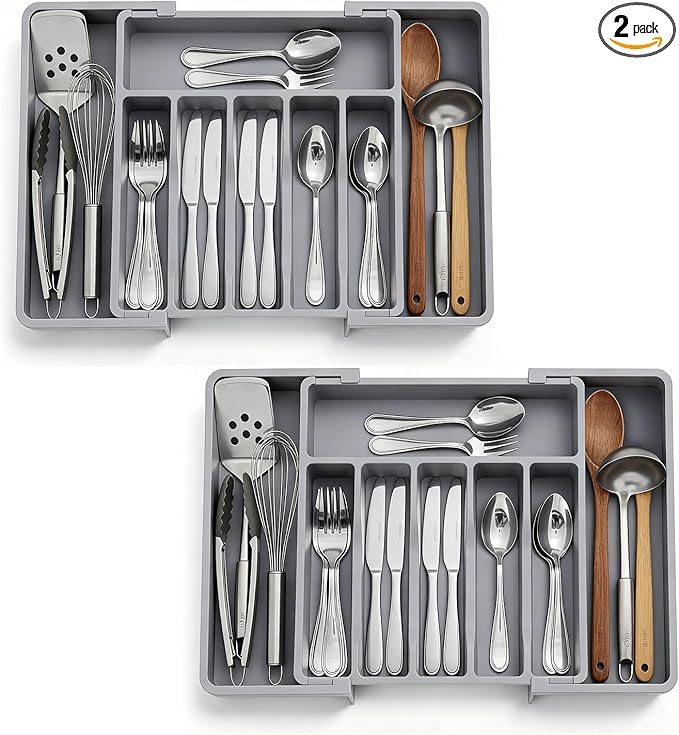 2 PCS Large Expandable Silverware Organizer for Drawer, Utensil Drawer Organizer Holder with 2 Removable Blocks, Adjustable Cutlery Tray Flatware Storage Box for Spoons Forks Knives Tools, 6-8 Slots