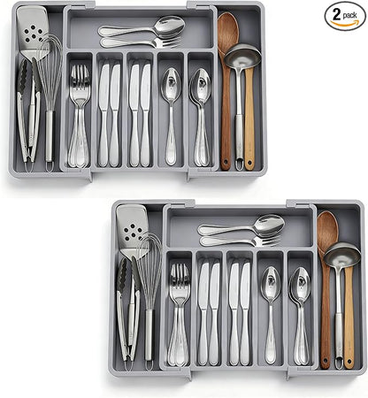 2 PCS Large Expandable Silverware Organizer for Drawer, Utensil Drawer Organizer Holder with 2 Removable Blocks, Adjustable Cutlery Tray Flatware Storage Box for Spoons Forks Knives Tools, 6-8 Slots