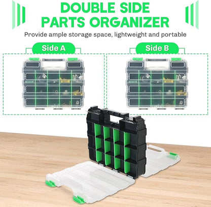 Small Parts Organizer | Storage Case Tools Box 34-Compartments Double Side Organizer Box with Removable Dividers for Small Hardware, Screws, Bolts, Nuts, Nails, Beads (Green)