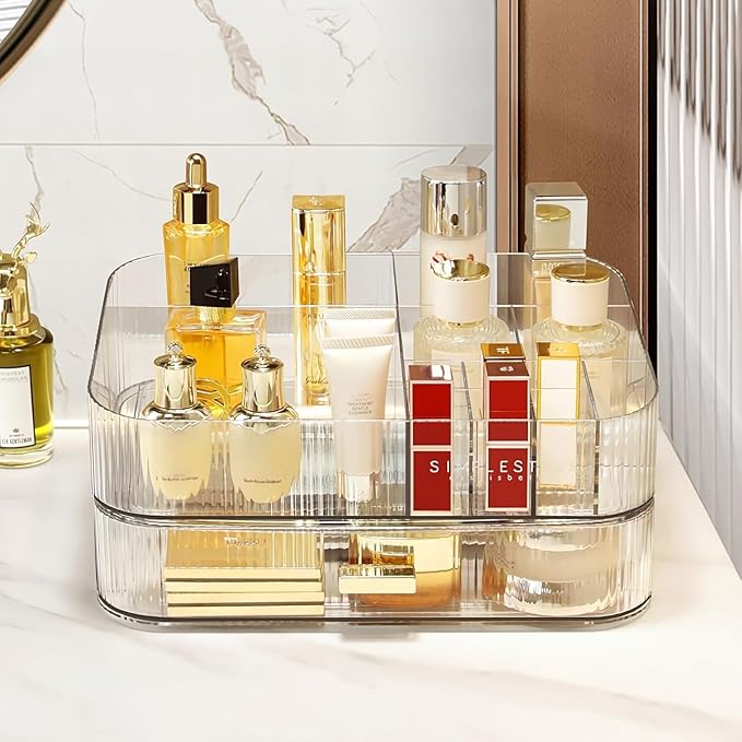 Decorcode Clear Makeup Organizer for Vanity, Large Desk Organizer with Stackable Drawer for Cosmetics, Skincare, Lipsticks, Palette, Nail Care, Ideal Storage for Dresser and Bathroom Countertop