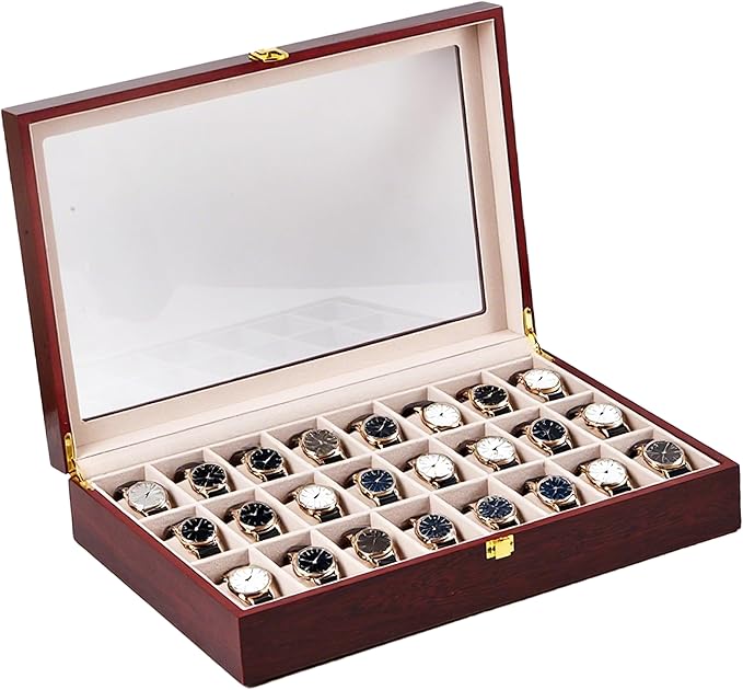 Baojulong 24-Slot Red Wooden Watch Box, Watch Organizer with Clear Lid, Suitable for Various Watches