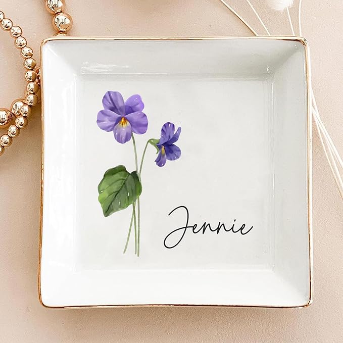 JRLCTECH Friends are Flowers That Never Fade, Custom Birth Month Flower Jewelry Dish, Personalized Trinket Tray Ring Dish, Birthday Gift for Friend, BFF Gift, Wedding Gift for Women