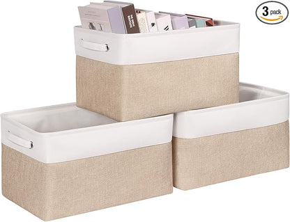 Kntiwiwo Foldable Storage Bin Collapsible Fabric Storage Basket Cube with Durable Handles Closet Organizer Bins for Organizing Shelves Drawers, Set of 3, 17" x 11.8" x 9.8", Beige