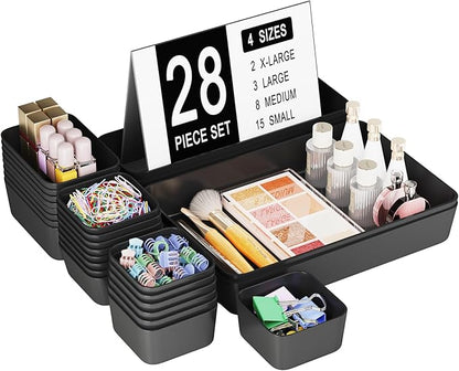 Homhut Plastic Drawer Organizers, 28 PCS Drawer Organizer Bins, Bathroom and Vanity Organizer Plastic Tray, Makeup organizer and storage for Makeup, Bedroom, Kitchen Gadgets Utensils and Office