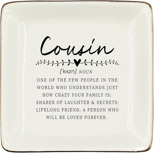 WODMIS Cousin Gifts Ceramic Jewelry Tray Dish, Cousin Birthday Gifts Jewelry Plate Dish, Cousins Ring Trinket Dish, Cousin Christmas Graduation Wedding Gifts for Cousin Women, Cousin Gifts