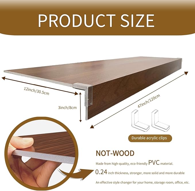 Wire Shelf Cover, Wire Rack Covers for Pantry,4 Pcs PVC Wood-Look Faux Wood Shelf Liners,47x12 Inch,0.24inch Thick for Home and Kitchen Organization