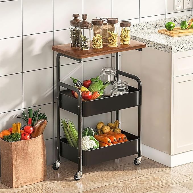 3Tier Rolling Cart - Metal Utility Cart with Wheels, Heavy Duty Mesh Rolling Storage Cart Organizer for Kitchen Office Bedroom Living Room Slide Table (Black)