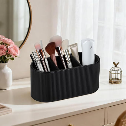 Aesthetic Remote Control Holder, PU Leather Pen Holder for Desk with 3 Compartments for Home Office Supplies and Accessories, Stylish Bedside Remote Holder Nightstand Desktop Organizer (Black)