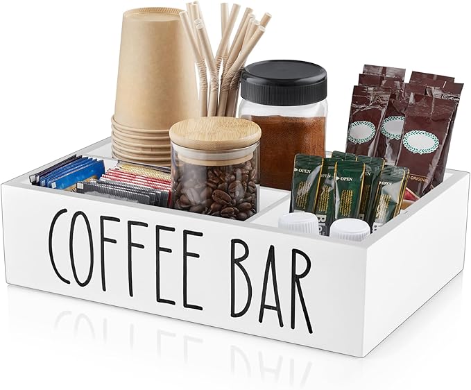 ALELION White Coffee Station Organizer - Wood Countertop Accessories Organizer with Removable Dividers for Pods Condiment Syrup Tea Cups Stirrers