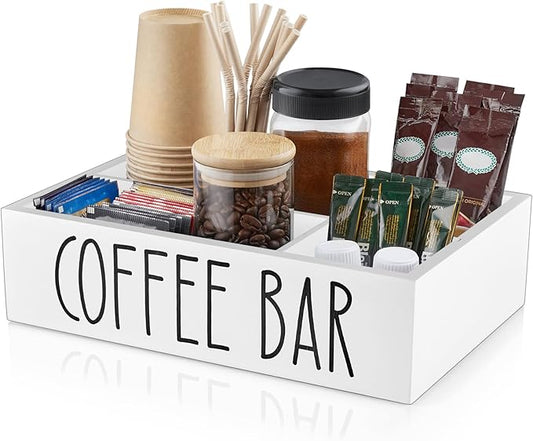 ALELION White Coffee Station Organizer - Wood Countertop Accessories Organizer with Removable Dividers for Pods Condiment Syrup Tea Cups Stirrers