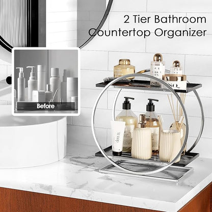 YIWANFW 2-Tier Bathroom Organizer Countertop, Silver Black Perfume Organizer for Dresser, Multi-Purpose Makeup Organizer, Large Cosmetic Skincare Organizers, Exquisite Vanity Storage, Ideal for Gift