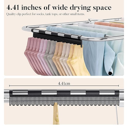 APEXCHASER Clothes Drying Rack with 4 Wings, Stainless Steel Drying Rack Clothing with Sock Clips, Metal Connectors, Height-Adjustable, Foldable Laundry Drying Rack, Indoor Outdoor Use, No Assembly