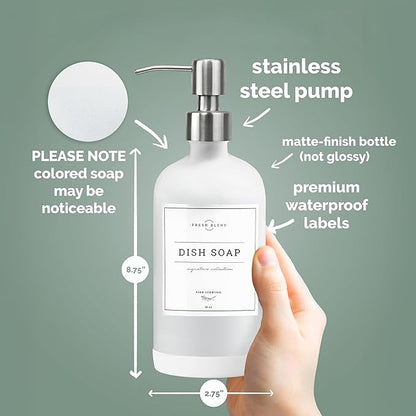 Vine Creations White Glass Soap Dispenser, 2 Pack Kitchen Soap Dispenser Set with Stainless Steel Pump, 16 oz Dish Soap and Hand Soap Dispensers for Bathroom with Waterproof Labels