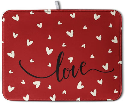 Wnoesat Valentines Day Dish Drying Mat 18x24 Inch Valentine Red Love Heart Drying Mats for Kitchen Counter Super Absorbent Microfiber Large Dish Drying Pad Heat Resistant Dish Draining Rack Mat