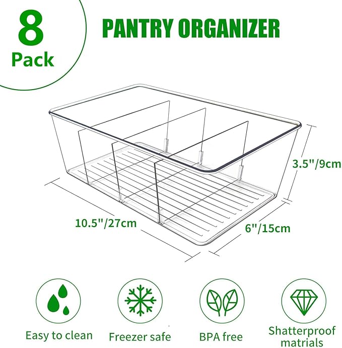 8 Pack Pantry Organizers,Clear Plastic Organizer Bins for Kitchen,Fridge,Drawer Organization and Storage,4 compartment Snack Containers for Spice Packets,Tea bag