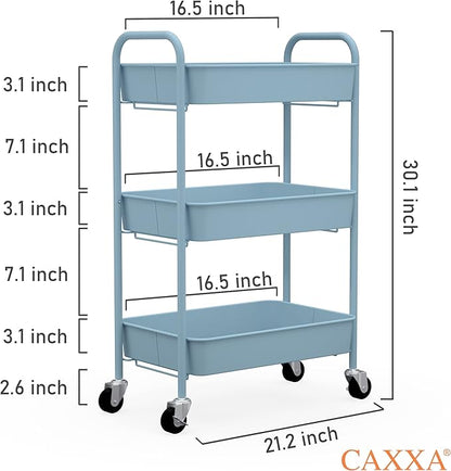 CAXXA 3-Tier Rolling Metal Storage Organizer - Mobile Utility Cart with Caster Wheels, Blue