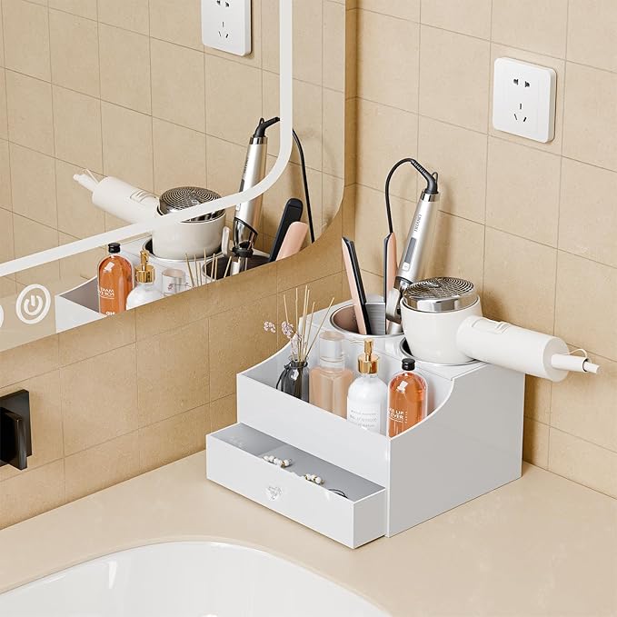 Messmenos Hair Tool Organizer, Acrylic Hair Blow Dryer Holder Stand with Drawer for Straightener and Curling Storage, Bathroom Vanity Countertop Organization for Makeup Accessories - White