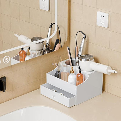 Messmenos Hair Tool Organizer, Acrylic Hair Blow Dryer Holder Stand with Drawer for Straightener and Curling Storage, Bathroom Vanity Countertop Organization for Makeup Accessories - White