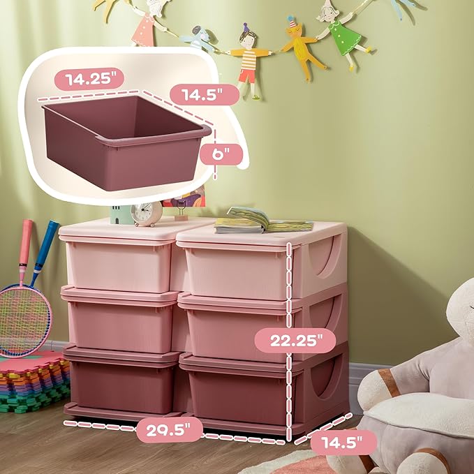 Qaba 3 Tier Kids Storage Unit, Toy Organizers and Storage with 6 Drawer Chest for Kids Bedroom Nursery Kindergarten Living Room for Boys Girls Toddlers, Pink