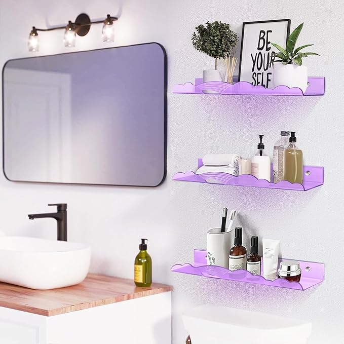 Rainbow Acrylic Floating Shelves, 15in Kids Wall Mounted Nursery Bookshelves, Display Ledge for Books Toys Cosmetic Storage, Bathroom Bedroom Living Room Wall Organizer, 4 Pack, Purple