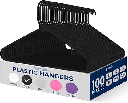 SereneLife 100 Pack Black Plastic Hangers – Ultra Lightweight Non-Slip Slim Clothes Hanger Set for Shirts, Pants, Coats & Dresses – Heavy Duty Space Saving Closet Organizer
