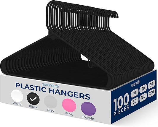SereneLife 100 Pack Black Plastic Hangers – Ultra Lightweight Non-Slip Slim Clothes Hanger Set for Shirts, Pants, Coats & Dresses – Heavy Duty Space Saving Closet Organizer