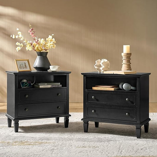 HULALA HOME Farmhouse End Table with Charging Station Set of 2, End Table with USB Ports & Outlets, Fluted Pilasters Design Side Table with Open Space and 2 Drawers Dresser for Living Room, Black