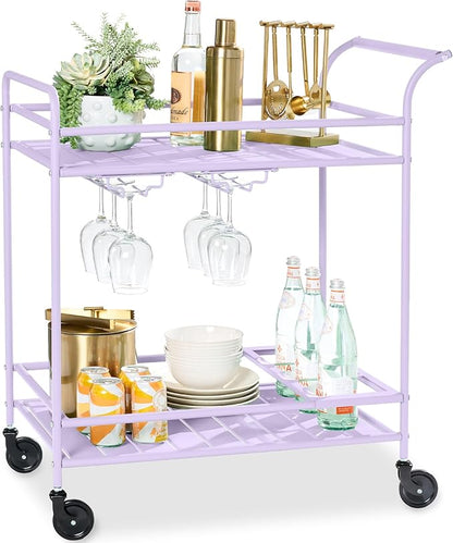 Best Choice Products Rolling Bar Cart, Mobile Home Bar Serving Cart, Serving Station w/ 2 Tier Shelves, Wine Rack, Lockable Wheels - Lavender