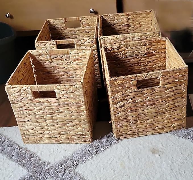 Set of 2 Storage Baskets Wicker Cube Baskets Foldable Handwoven Water Hyacinth Laundry Organizer,10.5 * 10.5 inches Woven Baskets, Wicker Storage Basket, Water Hyacinth Storage Baskets (2)