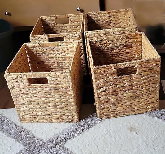 Set of 2 Storage Baskets Wicker Cube Baskets Foldable Handwoven Water Hyacinth Laundry Organizer,10.5 * 10.5 inches Woven Baskets, Wicker Storage Basket, Water Hyacinth Storage Baskets (2)