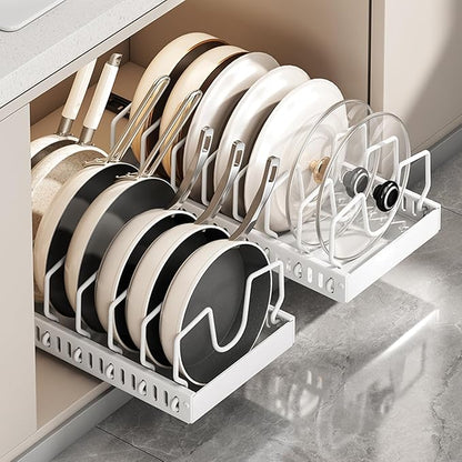 Mnftive pots and pans organizer under cabinet,pot lid organizers inside cabinet holders for kitchen,Horizontal and vertical pulling modes,cast iron storage ((2pcs) White vertical)