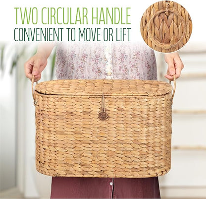 Toilet Paper Storage, Water Hyacinth Baskets with Lid, Toilet Paper Baskets for Storage Holder 6 Rolls, Papers Basket with Built-in Handles for Organizer, Bathroom Accessories Organizer
