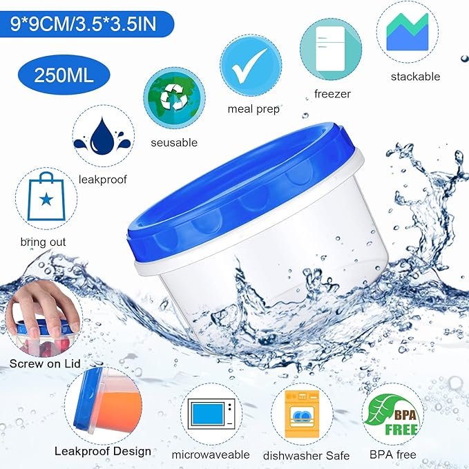 Sieral 36 Pack 8 oz Freezer Containers with Lids Reusable Deli Freezer Storage Containers Stackable Plastic Thick Twist Top Jars for Takeout Food Round Wide Mouth Lunch Snack (Blue)